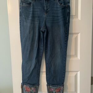 Stitch Star Cropped Jeans with Floral Embroidered Cuffs